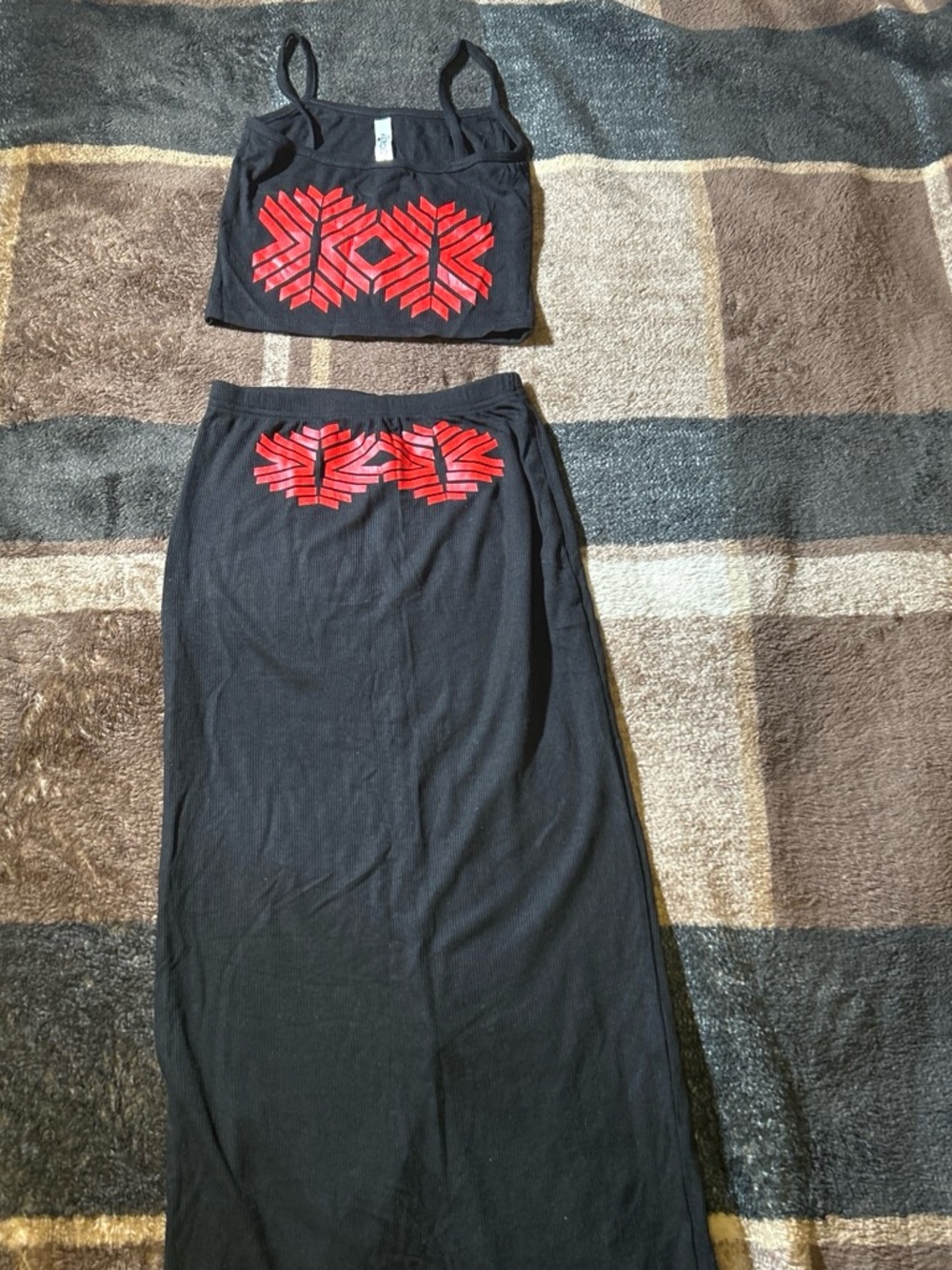 Coach Black Maxi Dress with Red Geometric Embroidery